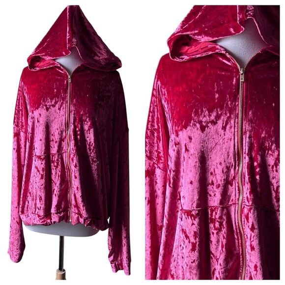 Fabletics Strawberry Crushed Velvet Zip-Up Hoodie Sweatshirt - 3X - Picture 6 of 10